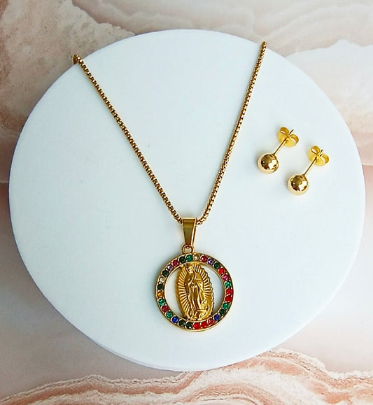 Cadena Virgen Guadalupe Incrustaciones de Zircones Multicolor & Topos