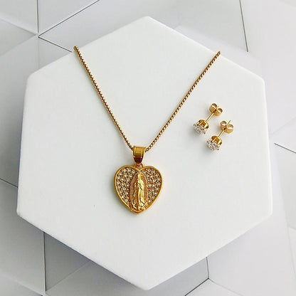 Collar Virgen de Guadalupe forma Corazón incrustaciones Zircones brillantes & Topos
