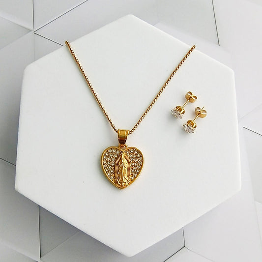 Collar Virgen de Guadalupe forma Corazón incrustaciones Zircones brillantes & Topos