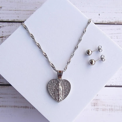 Collar Virgen de Guadalupe forma Corazón incrustaciones Zircones brillantes & Topos Plateados