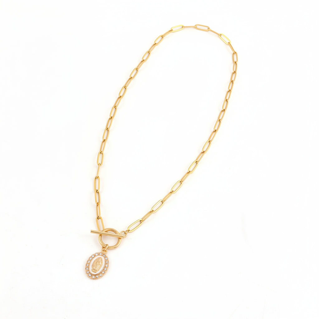 Collar Virgen de Guadalupe blanco incrustaciones Zircones brillantes & Topos