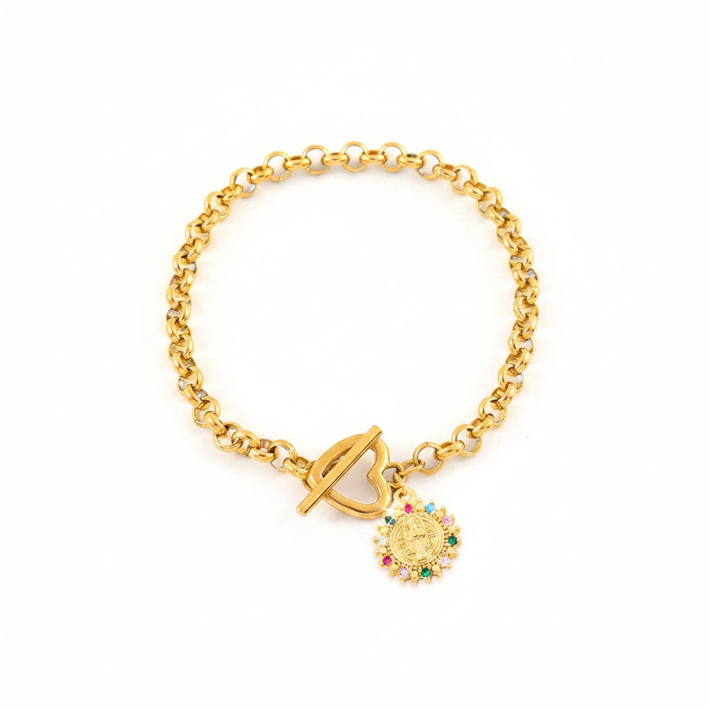 Pulsera Medalla San Benito Circones Brillantes Multicolor