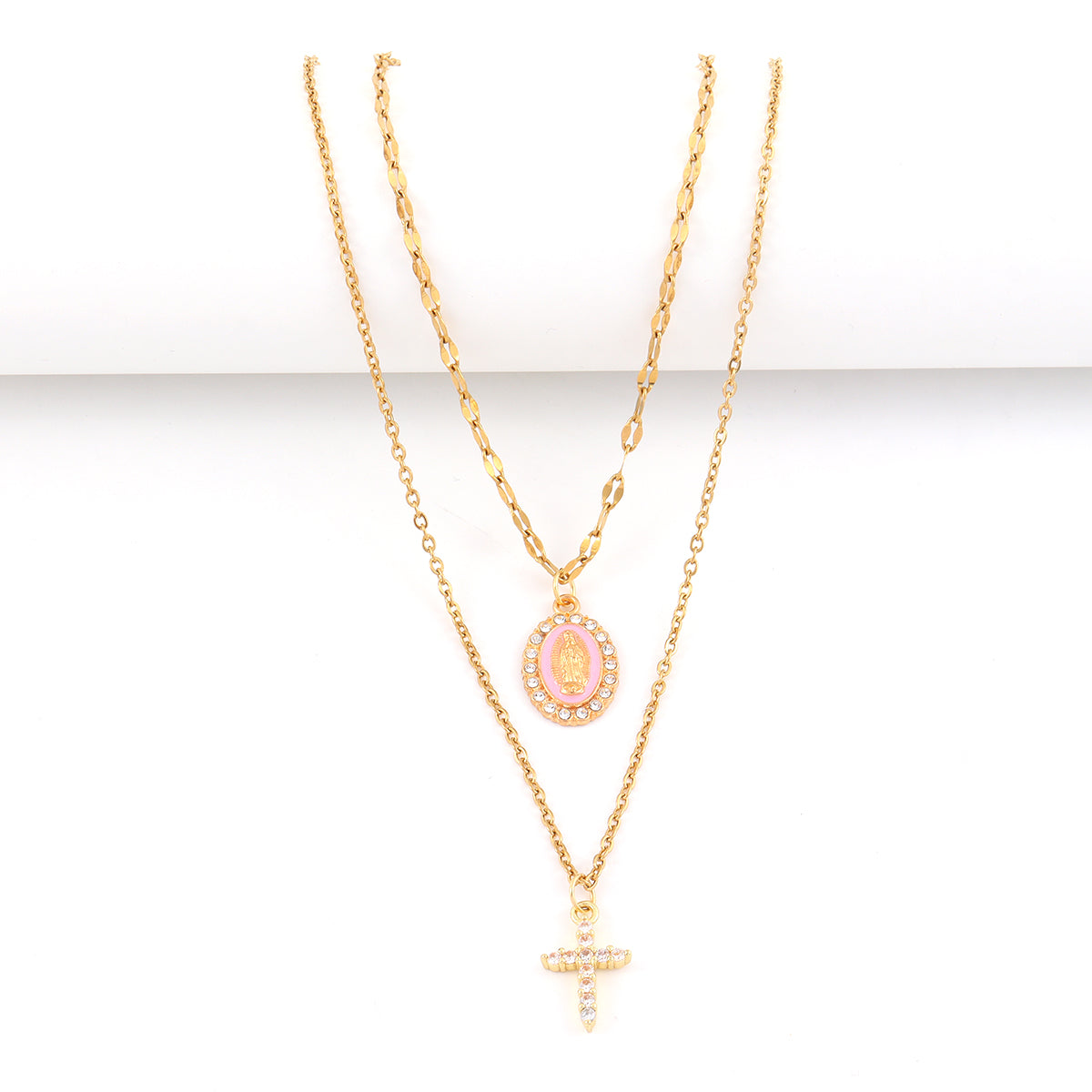 Cadena doble Virgen de Guadalupe Rosada y Cruz con Circones Brillantes & topos