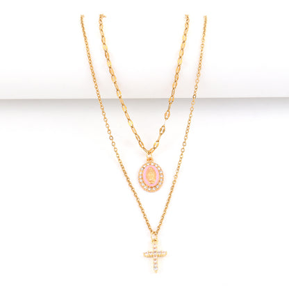 Cadena doble Virgen de Guadalupe Rosada y Cruz con Circones Brillantes & topos