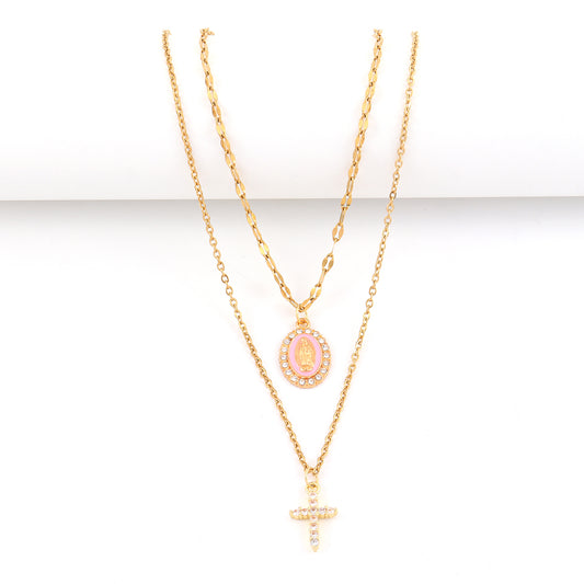 Cadena doble Virgen de Guadalupe Rosada y Cruz con Circones Brillantes & topos