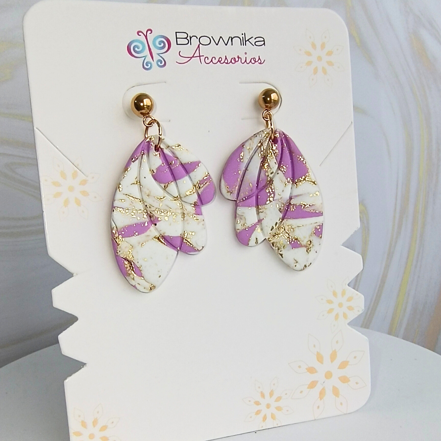 Aretes Artesanales Hojas Mármol Lila en Arcilla Polimérica | Diseño Exclusivo BWK