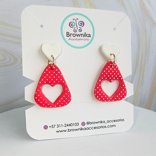 Aretes Artesanales Corazón Rojo y Blanco en Arcilla Polimérica | Diseño Exclusivo BWK