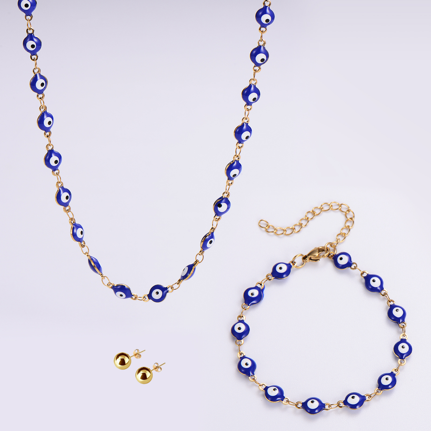 Set Collar y Pulsera Ojo Turco Azul Mujer + Topos Acero Inoxidables