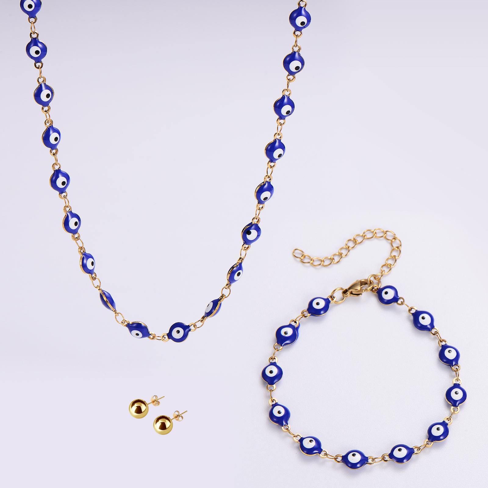 Set Collar y Pulsera Ojo Turco Azul Mujer + Topos Acero Inoxidables