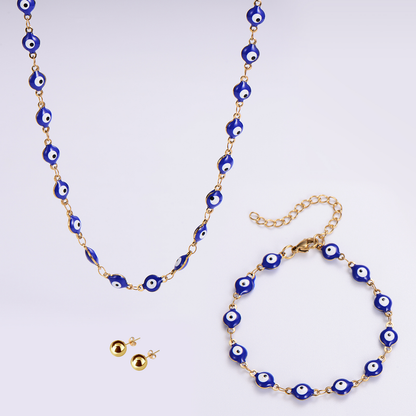 Set Collar y Pulsera Ojo Turco Azul Mujer + Topos Acero Inoxidables