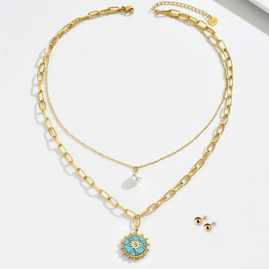 Collar Doble con Dijes Turquesa y Perla + Topos Dorados