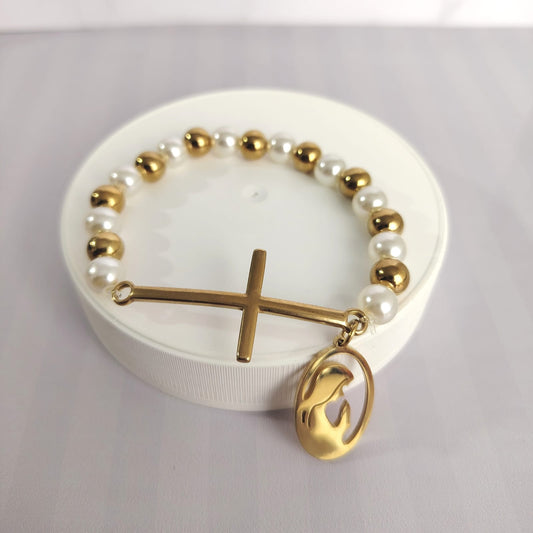 Pulsera Virgen María Perlas y Acero