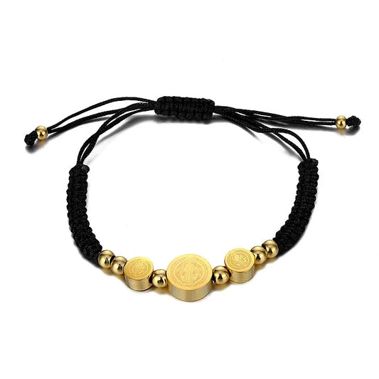Pulsera Mujer Dijes Medallas San Benito Dorada e Hilo Negro