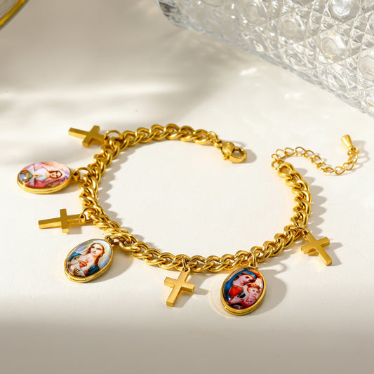 Pulsera Religiosa Dorada Multidijes (charms) Virgen María & Topos