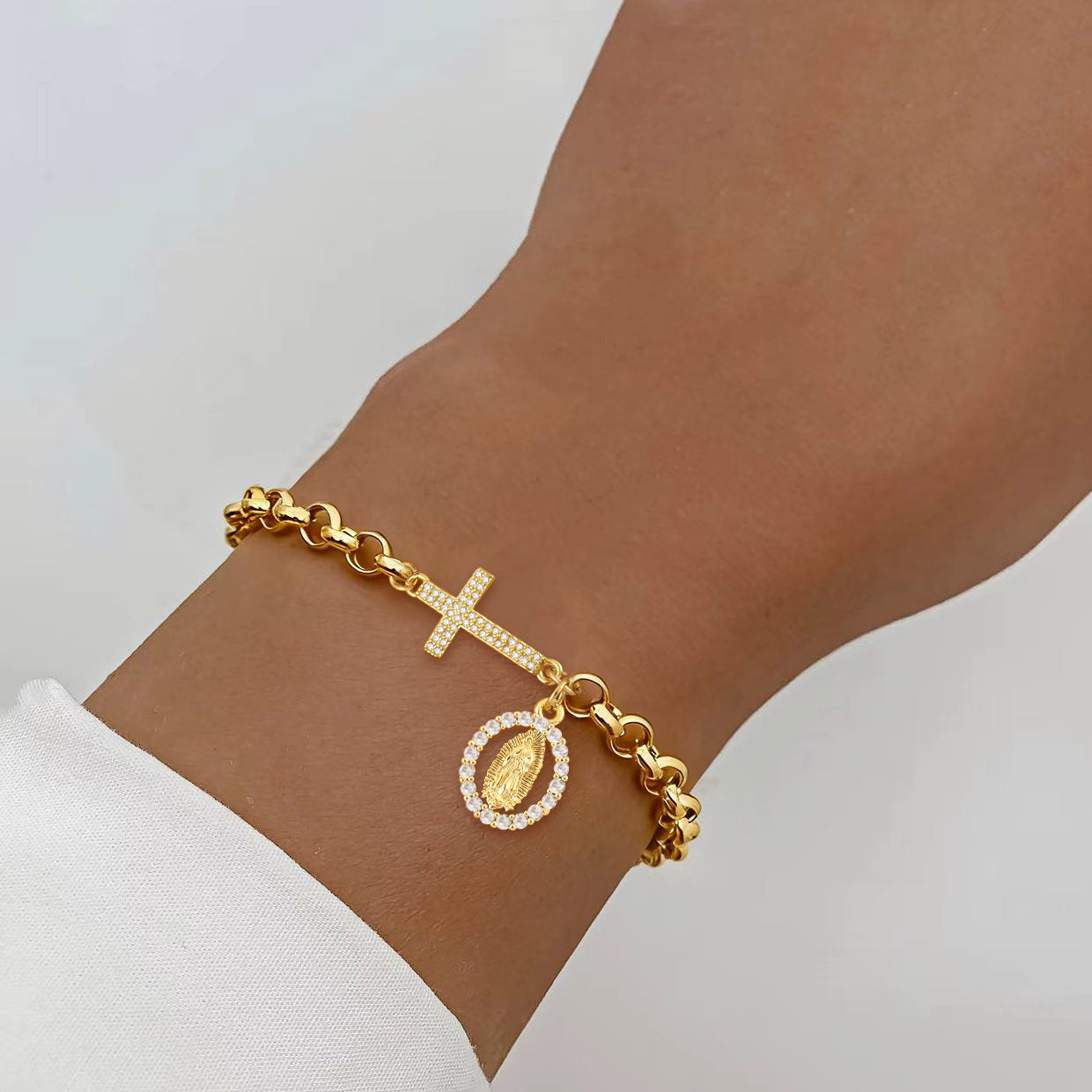 Pulsera Virgen y Cruz Incrustaciones Circones Brillantes
