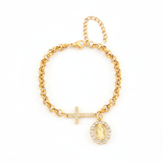 Pulsera Virgen y Cruz Incrustaciones Circones Brillantes