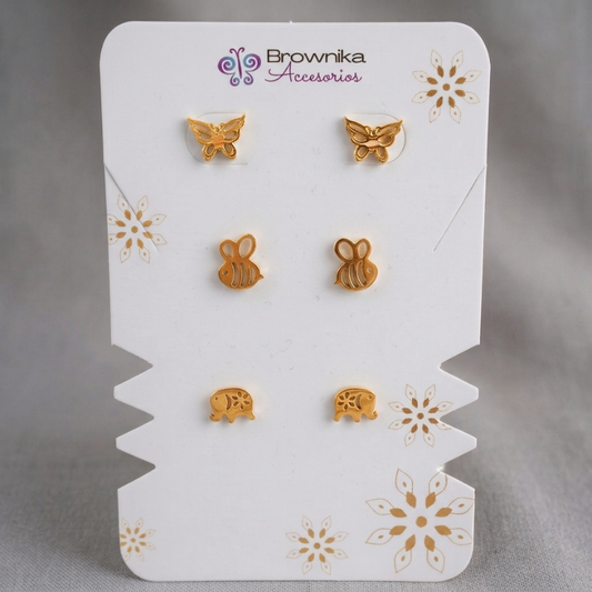 Set 3 Topos Mini Mariposas, Abejas y Elefantes en Acero Dorados para Mujer