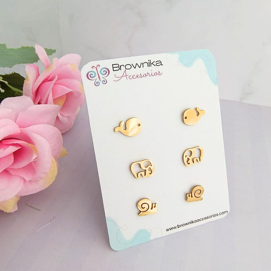 Set de aretes mini dorados en acero quirúrgico 316L para mujer – ballena, elefante y caracol