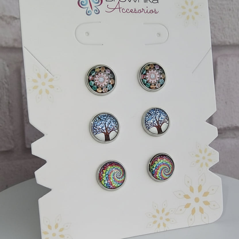 Set de Topos x3 Mandala, Estelar & Árbol de la Vida – Acero Hipoalergénico