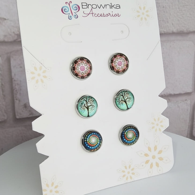 Set de Topos x3 Mandala, Estelar & Árbol de la Vida – Acero Hipoalergénico