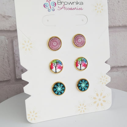 Set de Topos x3 Mandala, Estelar & Árbol de la Vida – Acero Hipoalergénico