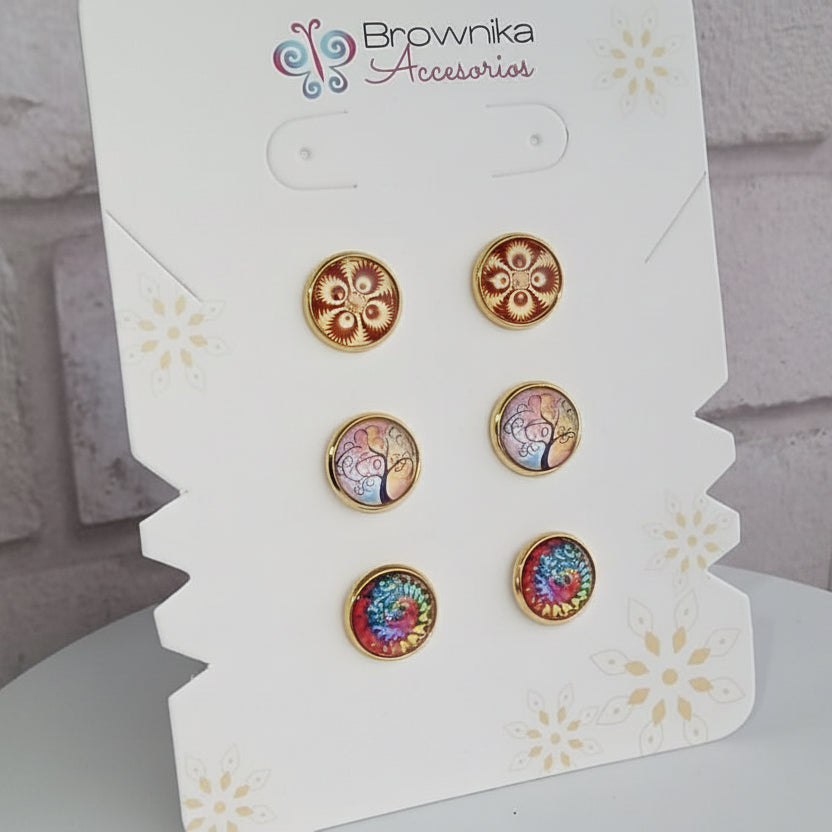 Set de Topos x3 Mandala, Estelar & Árbol de la Vida – Acero Hipoalergénico
