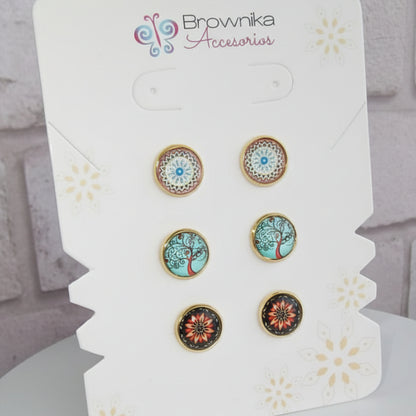 Set de Topos x3 Mandala, Estelar & Árbol de la Vida – Acero Hipoalergénico