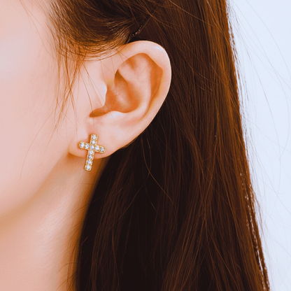 Set Cruz Doradas con Circones – Collar, Pulsera y Aretes en Acero Inoxidable 18K