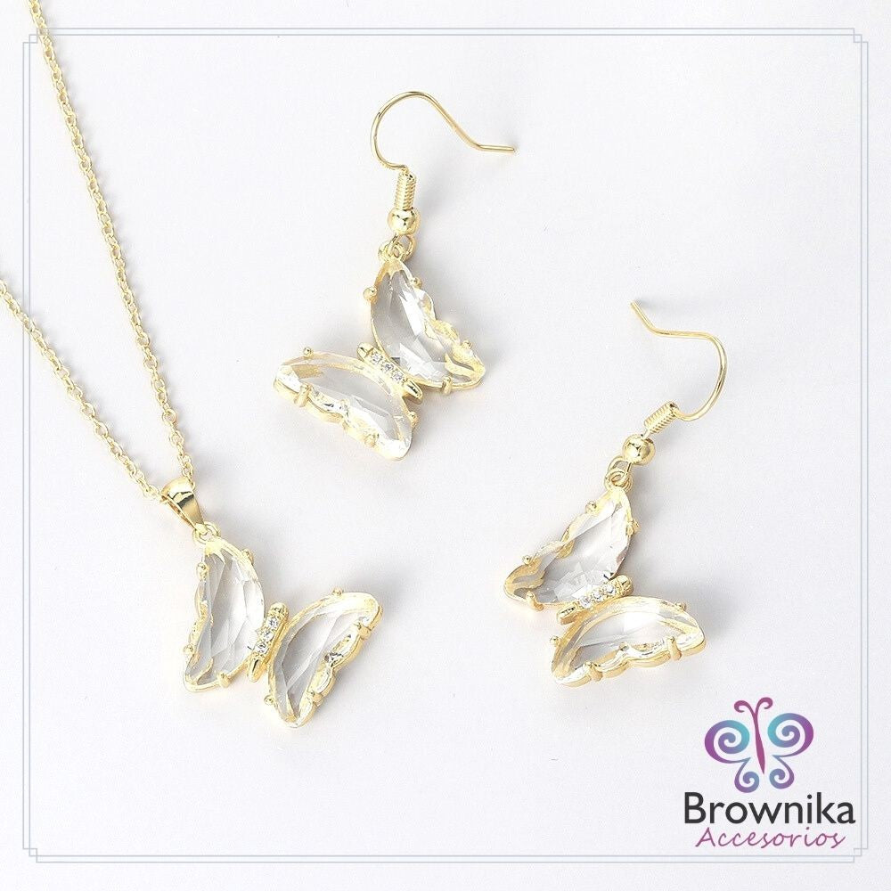 Cadena Corta Mariposas Muranos Blancos & Aretes – Brownika Accesorios