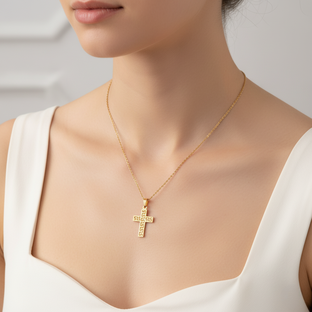 Cadena de cruz dorada con diseño geométrico en acero inoxidable chapado en oro 18K, acompañada de topos a juego, sobre base blanca minimalista.