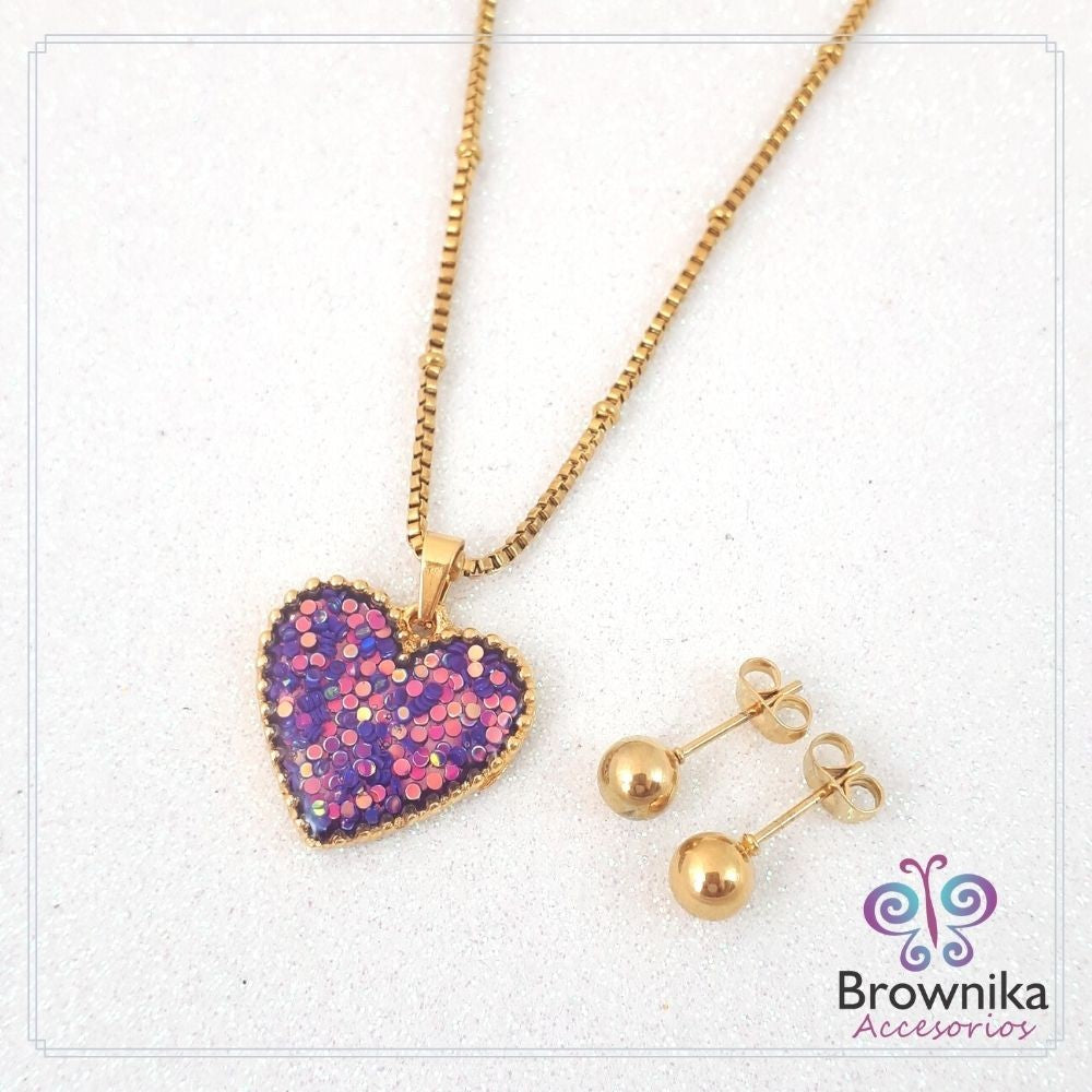 Set Cadena Corazón Lila Brillante & Topos